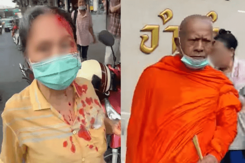 Thai monk's alms lid swipel, Thai monk’s alms lid swipe has woman in stitches